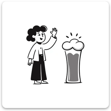 hand-drawn doodle of a beer glass and a friendly waving character, simple and playful sticker