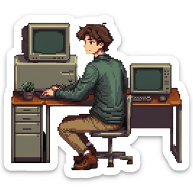 Young man sitting at desk with vintage desktop computer with large CRT monitor sticker