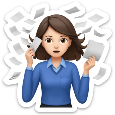female teacher pulling her hair with stressed face, papers flying everywhere, brunette sticker