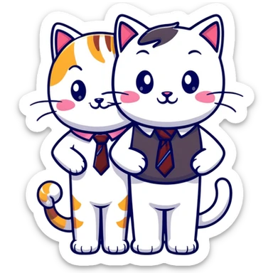 happy girl cat with eyelashes wearing a cute necktie, and happy boy cat wearing a professional necktie, standing together sticker