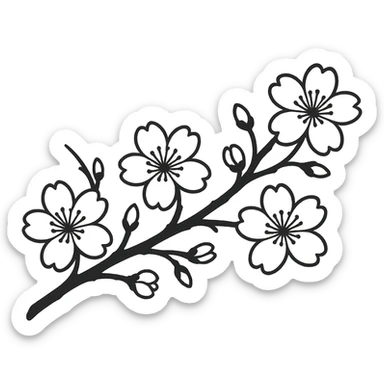 long single-color sakura branch in eastern style, minimalist, large flowers, no background, for sign decoration, 1200x100px sticker