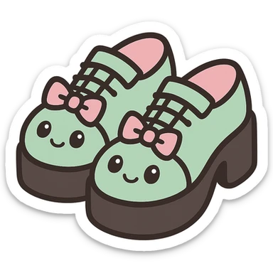 Make the shoes pastel green with black and pink accents, kawaii style, no socks, no hearts, transparent background sticker