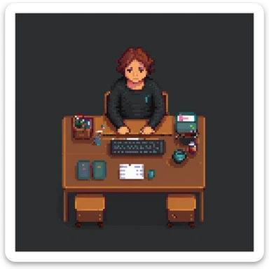 frustrated man, pixel art, sitting at desk, slumped posture sticker