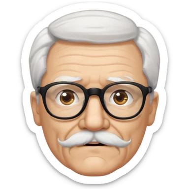 An elderly man with white hair and mustache, wearing black glasses sticker