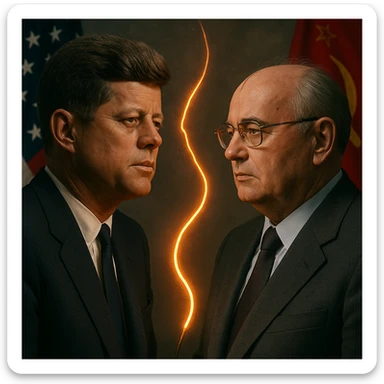 realistic portrait of John F. Kennedy and Mikhail Gorbachev with a glowing hot wire between them, US and Russian flags, Cold War context sticker