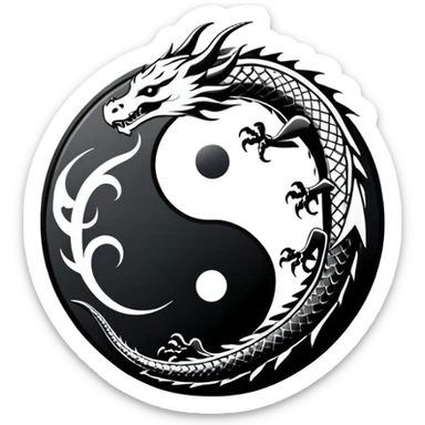 An icon symbolizing Eastern martial arts in the style of an emblem, featuring a black-and-white Yin-Yang symbol and a dragon at the center, surrounded by elements like a dojo. Transparent background highlights balance and power. sticker