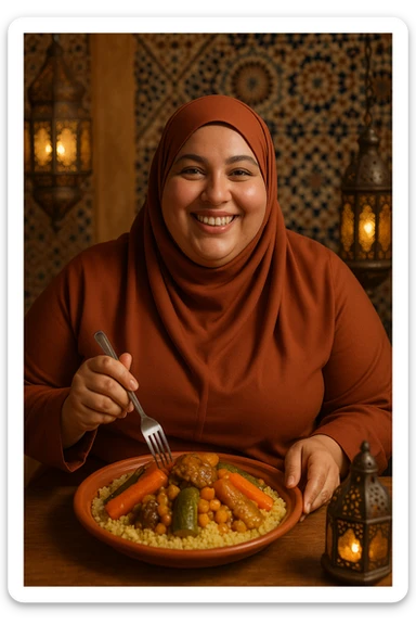 a curvy Moroccan woman in an integral hijab, enjoying couscous at a table sticker