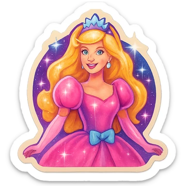 Barbie inspired sticker, princess theme, tiara, elegant dress, magical atmosphere sticker