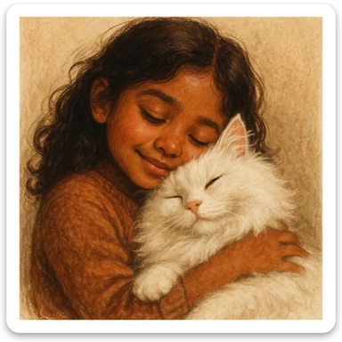 brown girl snuggling fluffy white cat, style 8 sticker
