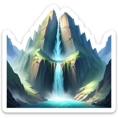 A giant mountain split in half, revealing a glowing core inside. Jagged edges, waterfalls flowing from the cracks, and mist rising. A dramatic sky with sunlight breaking through, creating a magical and surreal atmosphere. sticker