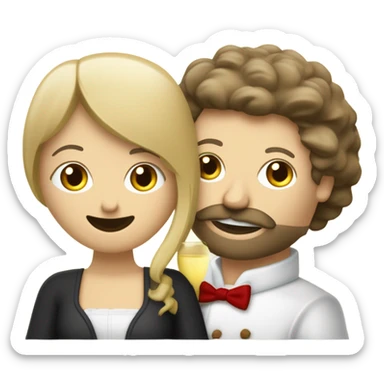 Repas raclette et deux verres de vin blanc en couple, femme blonde cheveux aux-dessus des épaules homme petite barbe et moustache grisonnantes et cheveux bruns grisonnant  sticker