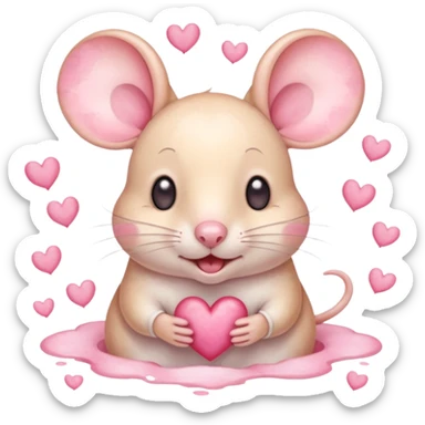 This is a cute watercolor illustration of a small, cream cartoon mouse with large, round, pink-lined ears. The mouse has heart eyes, a small open mouth, and is surrounded by floating pink hearts, conveying a feeling of love, adoration, or strong affection. sticker