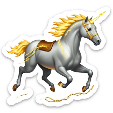 Fast electric horse galloping with electricity flowing through metal plates, sparking wires, and lightning bolts coming off its body sticker