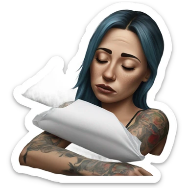 Hyper Realistic Beautiful tattooed woman crying holding a tissue lying on her bed sticker