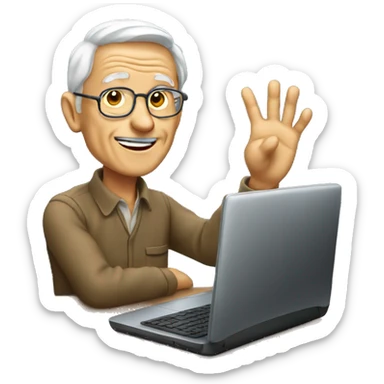 Old man in front of computer waving sticker