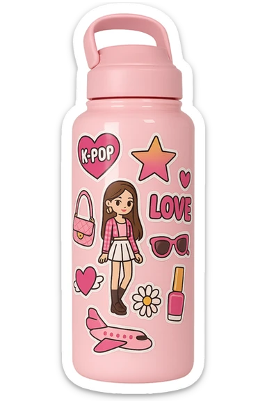 pink kpop idol water bottle with stickers, stylish sticker