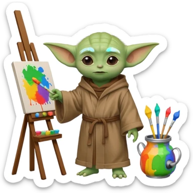 Baby Yoda in his brown robe listening music on his headphones, painting a picture on an easel and surrounded by paint pots. sticker
