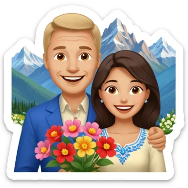 Laughing Couple traveling in Montenegro russian man and elegant  Latina girl delicate flowers and mountains in the background sticker
