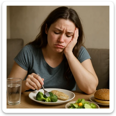 hyper realistic woman with a frustrated or discouraged expression, feeling discomfort, sitting in front of unappealing food, detailed realistic scene, conveying difficulty following a diet far from her preferences sticker