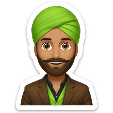 a pretty bratz emoji that looks like a bearded Akshay kumar wearing a neon green turban. Wearing a dark brown flannel blazer with black tshirt underneath.
he should resemble akshay kumar. smiling big sticker