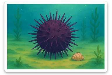 Another sea urchin in Ghibli style, underwater scene, round and spiky, with a small shell nearby, no text. sticker