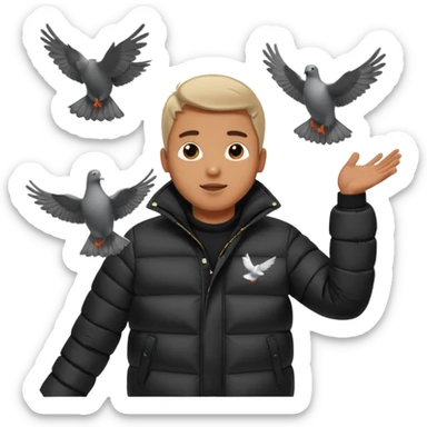 puffer shiny black jacket man open arms looking at a flying pigeon sticker
