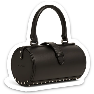 Alaïa Teckel bag, shown from the side, highlighting the cylindrical silhouette and studded accents, luxury leather, fashion accessory, on white background sticker