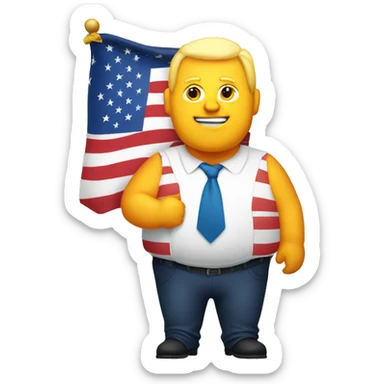 fat white man with an orange face and yellow hair holding the american flag sticker