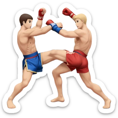 An icon symbolizing Sambo, featuring two fighters in blue and red kimonos with shorts. One executes a powerful throw, while the other attempts a defensive grab. The fighters are engaged in a grapple, using joint locks and sweeps. The background features a wrestling mat/ sticker