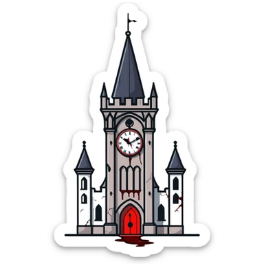 Gothic clocktower with blood running down its stone walls, creepy atmosphere sticker