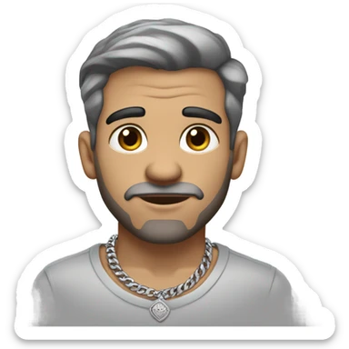 Full body image  of a Man with tattoos, brown hair and grey highlights, thick silver Cuban necklace that has big wide eyes looking to the side curiously sticker