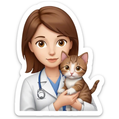 female veterinarian with brown hair and brown eyes holding a kitten sticker