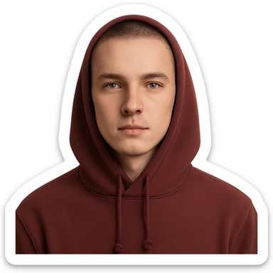 young European male wearing maroon hoodie with hood up, short brown buzzcut, smooth skin, oval face, defined jaw, high cheekbones, sharp eyes, straight eyebrows, neutral calm expression sticker