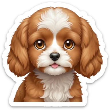 Cinematic Noble Apricot Cavoodle Portrait Emoji, Poised and regal, with a compact, cuddly build and a soft, curly apricot coat accented by gentle white markings, deep-set soulful brown eyes, Simplified yet sharp and sophisticated features, highly detailed, glowing with a soft, dignified glow, high shine, intelligent and affectionate, stylized with an air of elegance, focused and attentive, soft glowing outline, capturing the essence of a watchful and confident companion, so majestic it feels as though it could step out of the screen with effortless authority! sticker