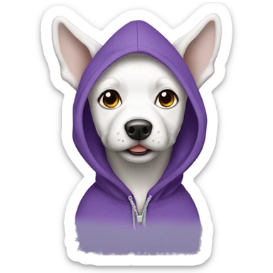 White and grey dog wearing a purple hoodie sticker