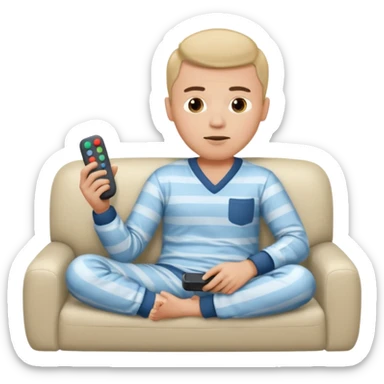 male memoji, lazy man in pajamas, lying on couch, holding TV remote, relaxed bored face, casual home vibe sticker