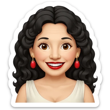 60 yr old peruvian woman, slightly chubby, wavy/curly long black hair, red lipstick, big smile, white teeth, brown eyes, hoop earings, side part to hair, round face, pretty white dress sticker