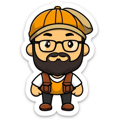 Adventurer with glasses, a beard and tan colored cap sticker