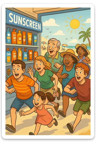 tante persone che corrono a comprare le creme solari sticker