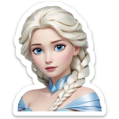 Cinematic Realistic Elsa Portrait, depicted with lifelike skin texture, soft natural lighting, and intricately detailed platinum blonde hair styled elegantly. Her striking, expressive blue eyes exude confidence and grace, complemented by a serene and regal expression. She is dressed in her signature icy attire, with shimmering fabric textures and delicate folds that catch the light beautifully. The portrait features a soft, enchanting glow with a cool, radiant finish, capturing the essence of timeless elegance in a realistic and painterly style, evoking a sense of depth and authenticity. sticker