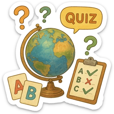 ghibli style illustration of a globe and quiz elements sticker