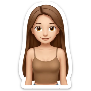 Waist-up girl standing straight on white background. Wearing a brown Skims spaghetti strap top. Very long straight brown hair with a middle part. Brown eyes with long lashes. Smiling with braces. sticker