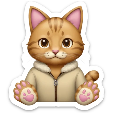 A man wearing cat clothes  and showing his paws sticker
