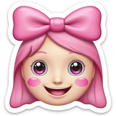 surreal and kawaii emoji face with huge sparkling cartoon eyes, a wide realistic human smile with perfect teeth, pink cheeks, and a big pink bow on its head. The background is transparent. Above the head, the text "kawowiwo-wiwi" is written in a playful, handwritten font sticker