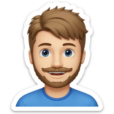 25 year old man, short scruffy beard and sparse moustache, brown puffy mullet, blue eyes, big smile, white teeth, big lips, pronounced jaw, hair longer in back, sticking up on top sticker