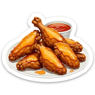 Cinematic crispy chicken wings, golden-brown and glazed with spicy sauce, crunchy coating, juicy inside, piled high with dipping sauce on the side, ultra-realistic and mouthwatering, inviting and bold. sticker