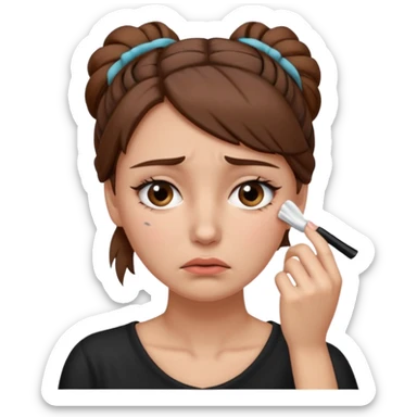 ["Sad woman with brown hair tied up, wiping away a tear."] sticker