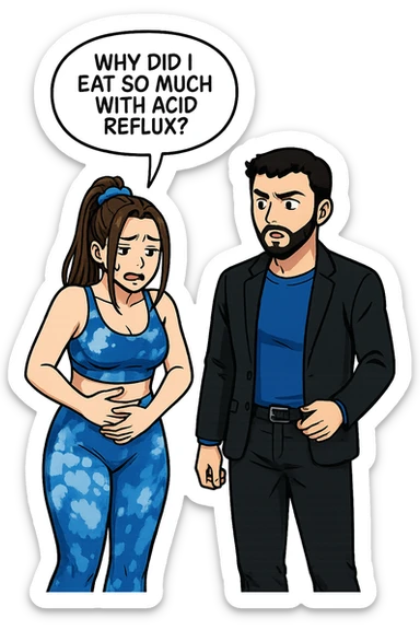 TRASFORMA QUESTO CAROSELLO IN UN FUMETTO STILE WEBTOON/MANGA A COLORI CON QUESTE DUE PERSONE IDENTICHE CHE INTERLOQUISCONO TRA LORO, LA DONNA è DISPERATA CON LE MANI sulla pania perché soffre di reflusso E STA DOMANDANDO TUTTA AGITATA UNA COSA ALL'UOMO:

LEI (DONNA): Ho sempre il reflusso anche se mangio poco (e bene), cosa posso fare?
 sticker