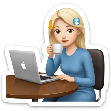 mujer blanca tomando un solo cafe y con un computador sentada en una mesa  sticker