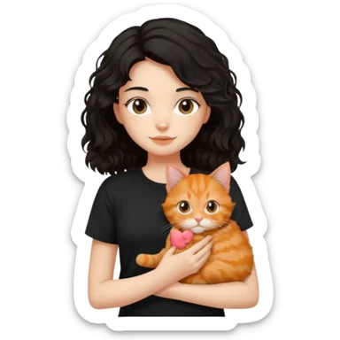 Girl with medium length black wavy hair in a black t shirt holding a ginger cat sticker